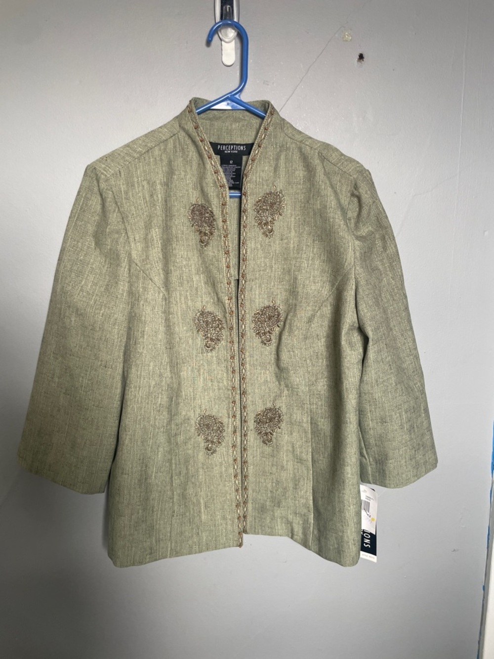 NWT Perceptions New York size 12 sage green embroidered open front blazer jacket